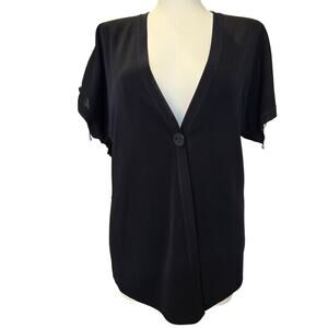 Exclusively Misook Short Sleeve Black Cardigan Jacket Tassled Ruched Sleeve Sz L